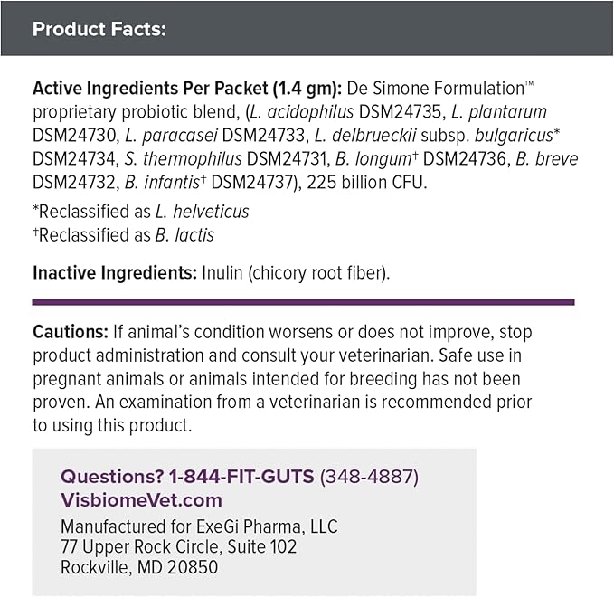 Visbiome® Vet Advanced GI Care High Potency Probiotic for Dogs & Cats – 225B CFU, 8-Strain Formula – Refrigerated, Veterinarian Recommended, Clean Label Certified – 30 Packets