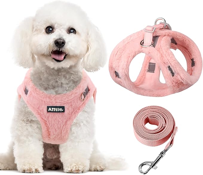AIITLE Step in Dog Harness and Leash Set - Warm and Cozy Dog Vest Harness with Magic Tape Design, Reflective No-Pull Plush Pet Harness for Outdoor Walking, Training for Small Dogs, Cats Pure Pink XXS