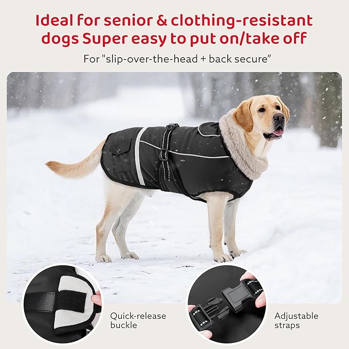 Dog Coat, Warm Dog Winter Coat Reflective Jacket Waterproof Fleece Vest, Pet Jacket Cozy for Cold Weather, Dogs Snowsuit Windproof, Adjustable Buckle for Medium Dogs