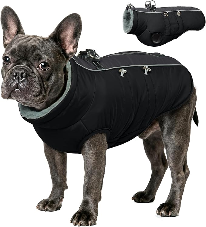 IDOMIK Warm Dog Coat with Harness, Waterproof Reflective Dog Jackets for Small Medium Large Dogs, Fleece High Collar Winter Jacket with Zipper, Pet Winter Snowsuit Clothes for Cold Weather,Black L