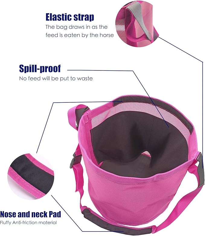 Horse Feed Bag for Grain - Heavy Duty Mesh Horse Feeder with Adjustable Strap,Comfort Neck Pad,Nose Pad Horse Muzzle Feed Bag(Medium,2pink)