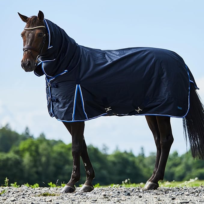 HORZE Glasgow Heavy Weight Winter Turnout (400g Fill) | Waterproof Combo Horse Blanket with Neck Cover - Dark Blue - 75 in
