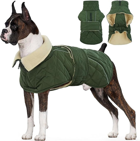 Kuoser Dog Winter Coat Waterproof Dog Snow Jacket, Warm Fleece Lined Pet Turtleneck Snowsuit Puppy Cold Weather Coats with Harness Hole, Adjustable Winter Vest for Medium Large Dogs, Green, L