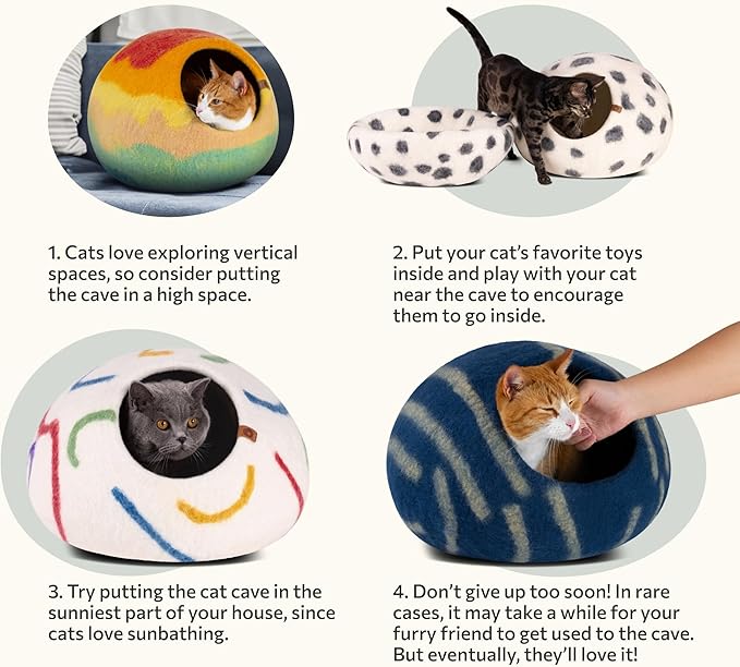 MEOWFIA Cat Cave – Premium Felt Cat Bed for Indoor Cats, Handmade 100% Merino Wool (Large, Snow Leopard)