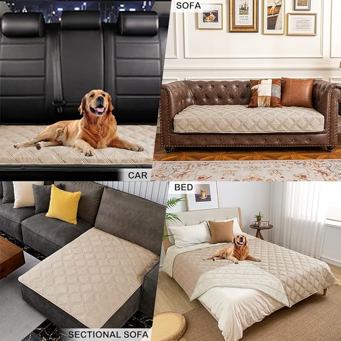 fuguitex Waterproof Dog Blanket, Pet Friendly Reversible Throw Essential for Small Dogs, Tear Resistant Leakproof Washable Couch Cushion Bed Protector Cover for Indoor Furniture（52"*82",Beige+Cream