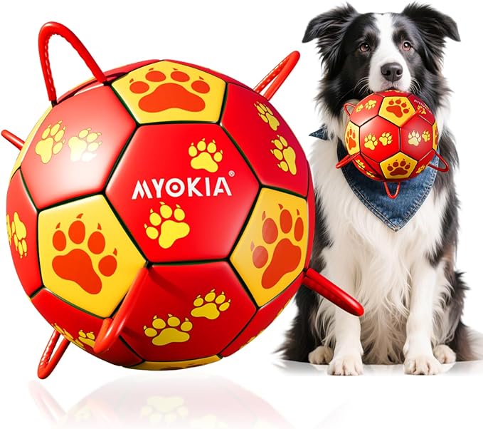 Size 3 Interactive Dog Soccer Ball with Strap, Red & Yellow, Eye-Catching Paw Prints Design, Ideal Outdoor Training Pet Toy, Perfect Choice for Medium & Large Dogs' Playtime