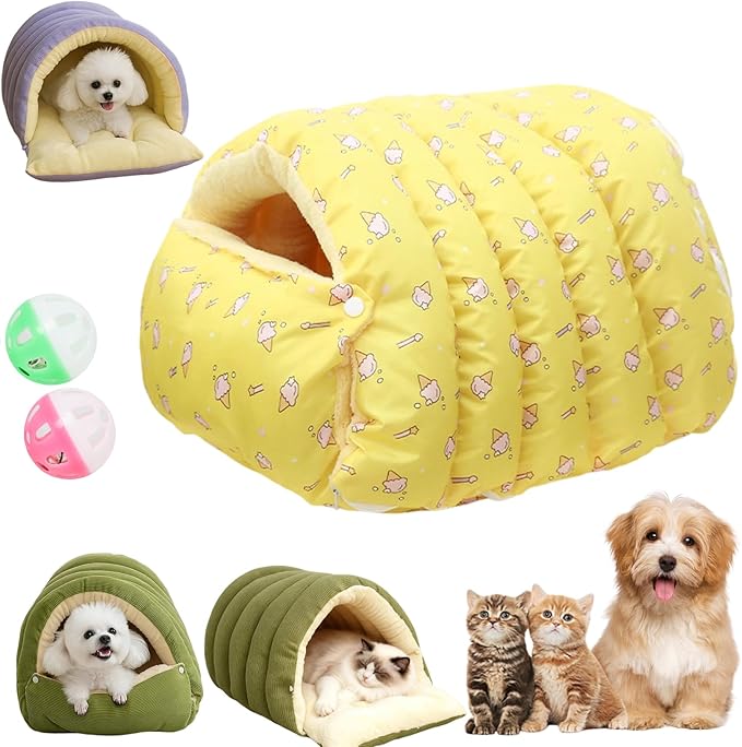 Expectation Cat Bed, Removable and Washable Winter Closed-Off Cat Bed, Soft Fluffy Warm Autumn/Winter Cats House, Washable Non-Slip Pet Sleeping Bag for Indoor Cats Small Dogs (E,Medium)
