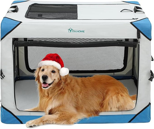 YITAHOME Collapsible Dog Crate, 4-Door Portable Travel Dog Crate, 4-Door Folding Soft Dog Kennel with Breathable Mesh Windows & Soft Mat，Indoor & Outdoor Use, 42" L x 31" W x 31" H, Flat Style