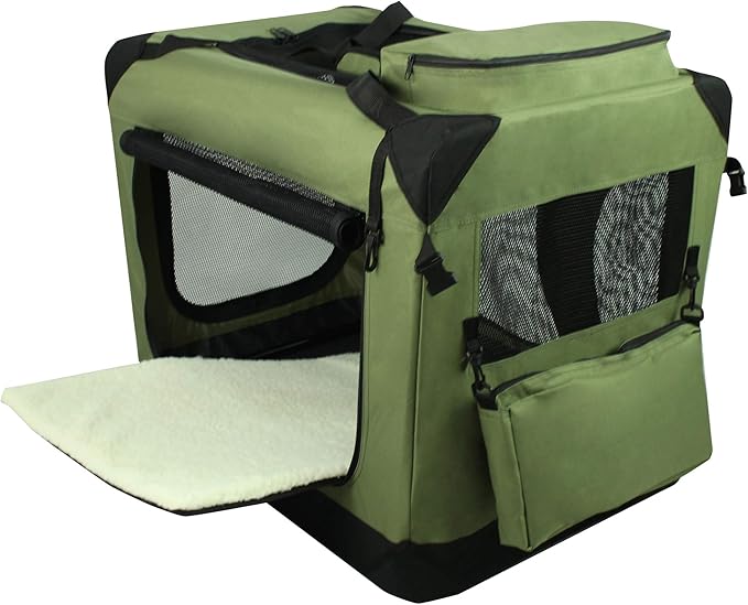 EliteField 3-Door Folding Soft Dog Crate with Carrying Bag and Fleece Bed (2 Year Warranty), Indoor & Outdoor Pet Home (24" L x 18" W x 21" H, Sage Green)