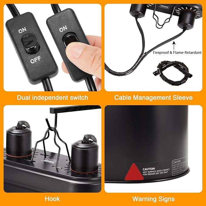 Dual Reptile Light Fixture with Switches, Reptile Heat Lamp Fixture, Reptiles Terrarium UVB Bulb Fixture for Bearded Dragon, Max 160W Each (Bulb Not Included)