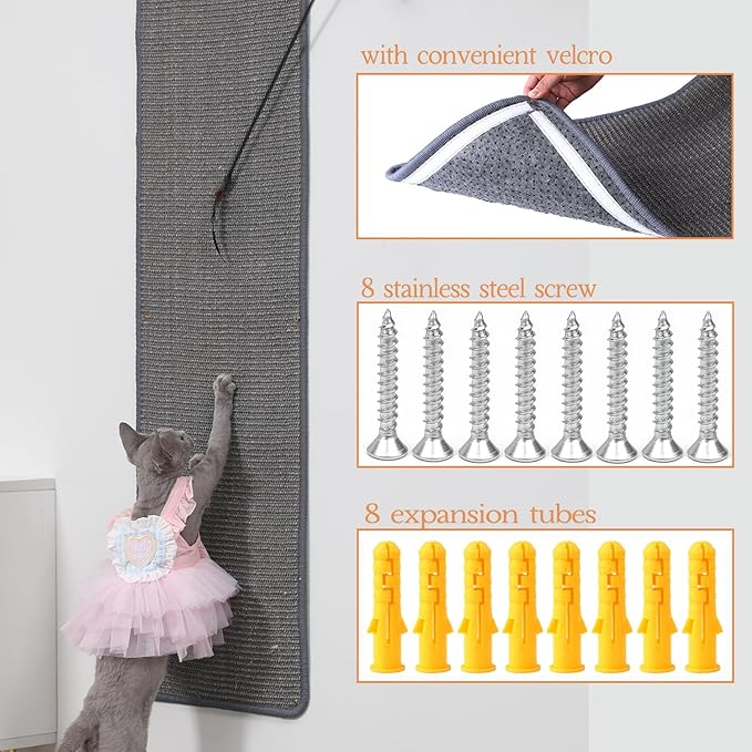 66.93x13.38x0.32 inch Thickened Cat Wall Scratcher Carpet, Cat Climbing Wall, Durable Cat Wall Furniture, Tall Cat Scratching Post, Wall Scratchers for Indoor Cats Sofa Protector (Grey-Velcro Strap)
