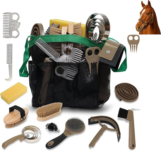 Swess Horse Grooming Kit 14 Piece, Horse Brushes for Grooming & Bathing Supplies Set, Professional Horse Supplies with Mane & Tail Comb, Curry Comb, Hoof Pick, Gloves & Mesh Tote Bag for Equine Care
