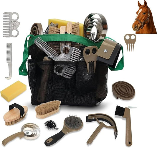 Swess Horse Grooming Kit 14 Piece, Horse Brushes for Grooming & Bathing Supplies Set, Professional Horse Supplies with Mane & Tail Comb, Curry Comb, Hoof Pick, Gloves & Mesh Tote Bag for Equine Care