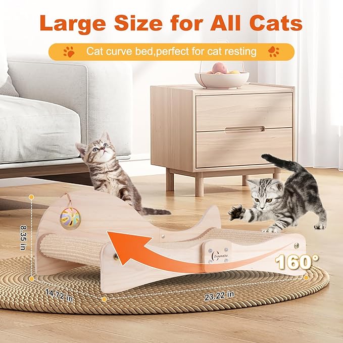 Extra Large 3-in-1 Cat Scratcher Bed with Toy Balls: Natural Sisal Scratching Pad, Cat Lounge Hammock Bed for Large Cats Non-Tip Wood Base Multi-Cat Scratching Board & Scratching Couch Fish Design