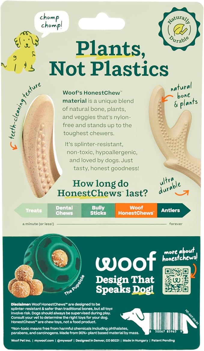 WOOF HonestChew Dog Toy Antler - Durable Dog Chews - Made with Natural, Plant-Based Ingredients - Splinter-Resistant - Safer Than Dog Bones - Small