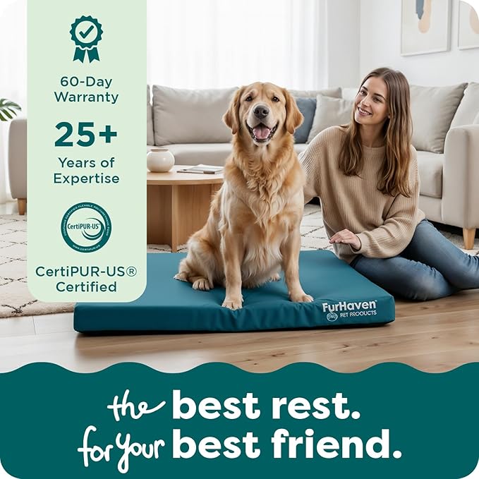 Furhaven Water-Resistant Orthopedic Dog Bed for Large Dogs w/ Removable Washable Cover, For Dogs Up to 95 lbs - Indoor/Outdoor Logo Print Oxford Polycanvas Mattress - Deep Lagoon, Jumbo/XL