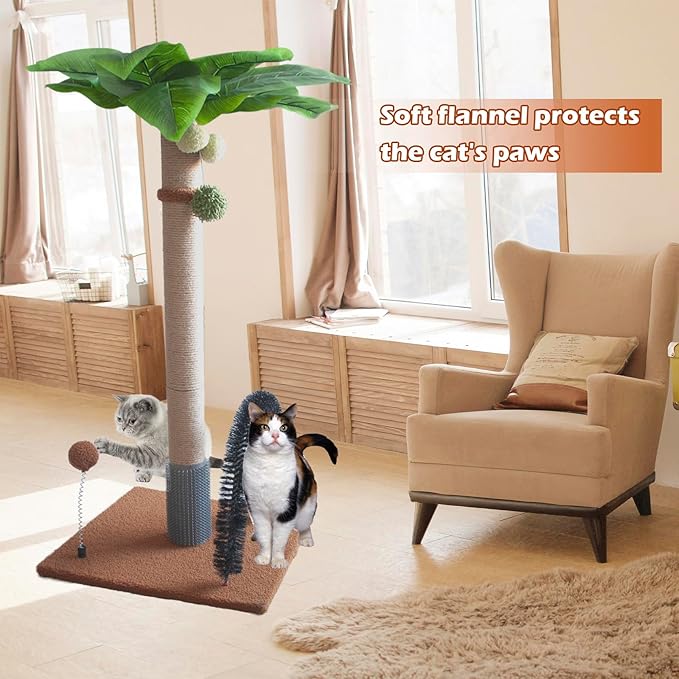 29.5 Inches Tall Cat Scratching Post with Arch Self Groomer Hanging Spring Balls,Brown Palm Sisal Cat Tree Kitty Activity Center for Adults Cats Kitten Indoor Cats