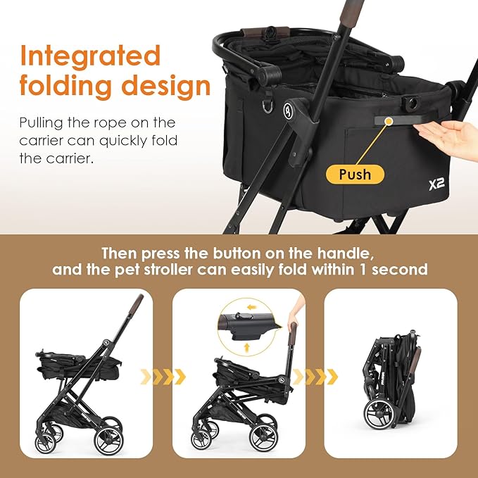X2 Pet Stroller, Dog Cat Stroller for Small Pets, Equipped with Detachable & One-Click Folding Carrier, Waterproof Pad & Sunshade Canopy,Black