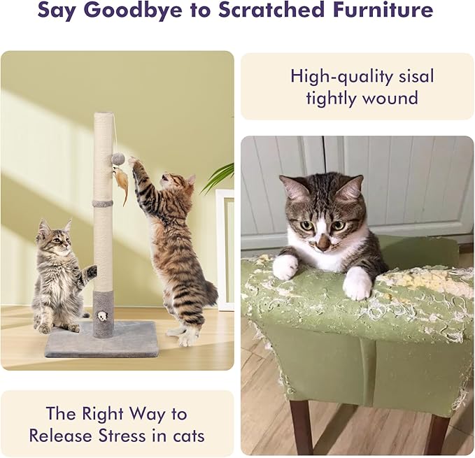 34‘’ Tall Cat Scratching Post with Premium Sisal Rope for Indoor Scratcher Post Tree for Indoor Cat Toy with Mouse Hole, Hanging Ball for Adult Cats and Kittens