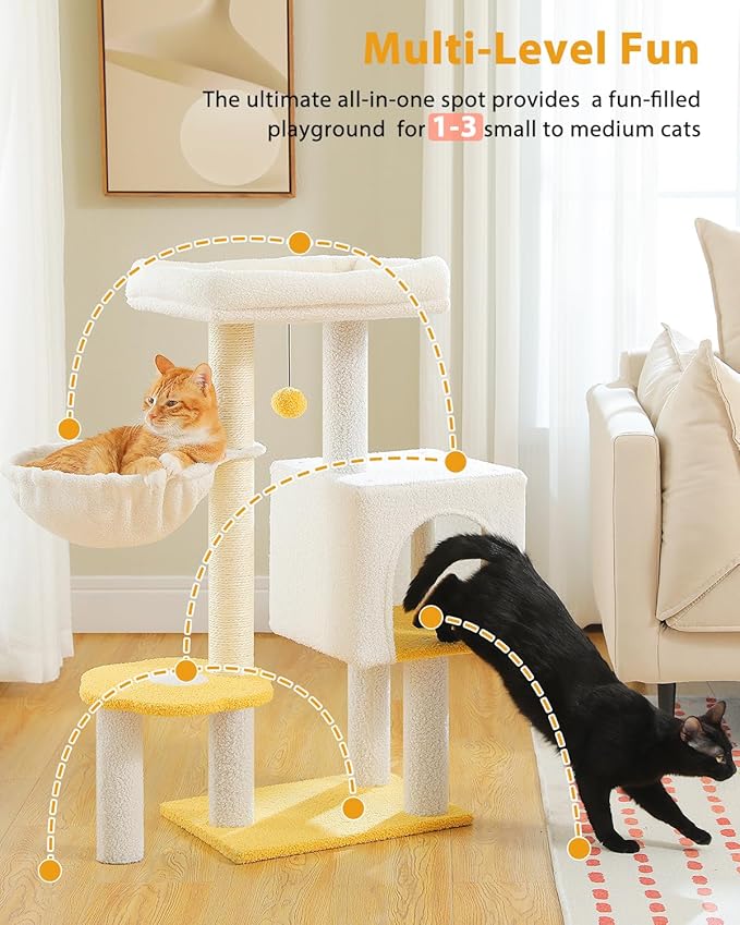 Cute Cat Tree - 35.4" Cloud Cat Tower for Indoor Cats w/Large Top Bed, Comfy Hammock for Kittens, Flower Platform, Cat Scratching Post, and Dangling Ball, White