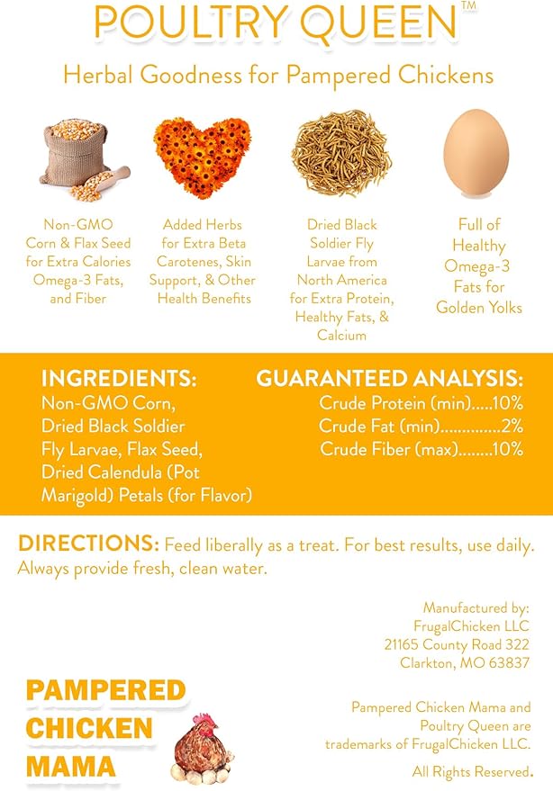Pampered Chicken Mama Non-GMO Mealworm, Corn, Flax, & Herb Treat for Backyard Chickens, Healthy Layer Feed & Supplies for Pet Chickens Poultry Queen Treat for Hens (3 pounds)
