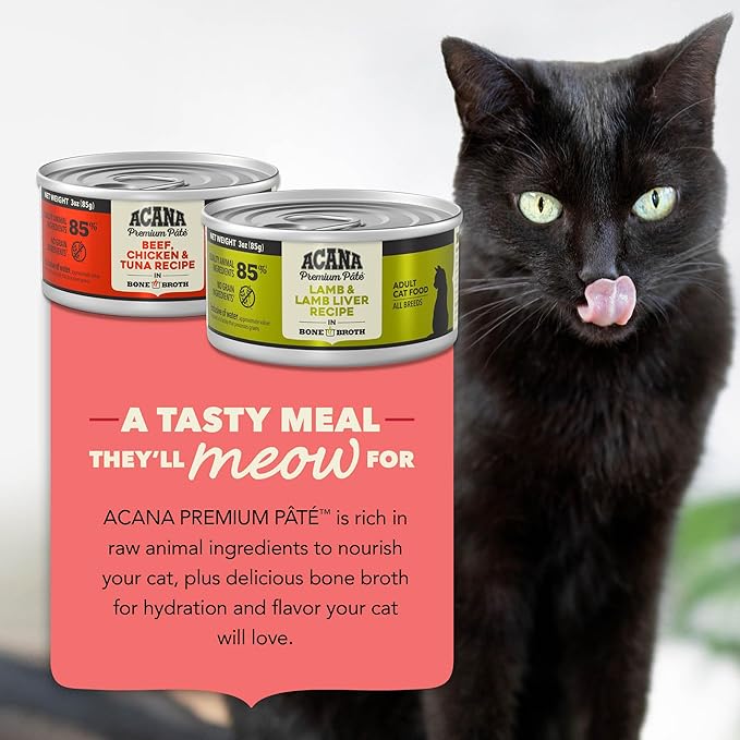 ACANA Premium Pate Wet Cat Food in Bone Broth Variety Pack: Beef Chicken & Tuna + Lamb 3oz Cans (12 Count, 6 of Each)