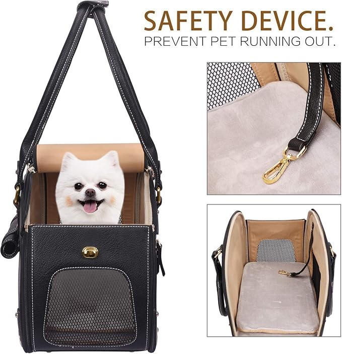 PetsHome Dog Carrier Purse, Pet Carrier, Cat Carrier, Foldable Waterproof Premium PU Leather Pet Travel Portable Bag Carrier for Cat and Small Dog Home & Outdoor Medium Black