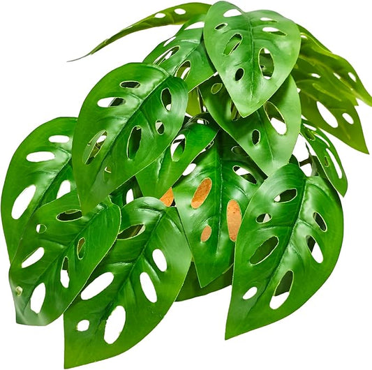 Woyrise Reptile Artificial Plants with Base, Terrarium Decor Amphibian Habitat Plant, Bearded Dragon Tank Accessories fit Gecko Lizard Chameleon Snake Frog - Monstera Adansonni