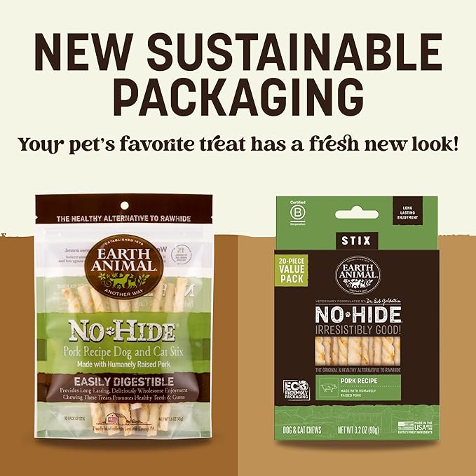 Earth Animal No Hide Stix - Long Lasting Rawhide Free Small Dog Chews Sticks, Pork - 90 Count