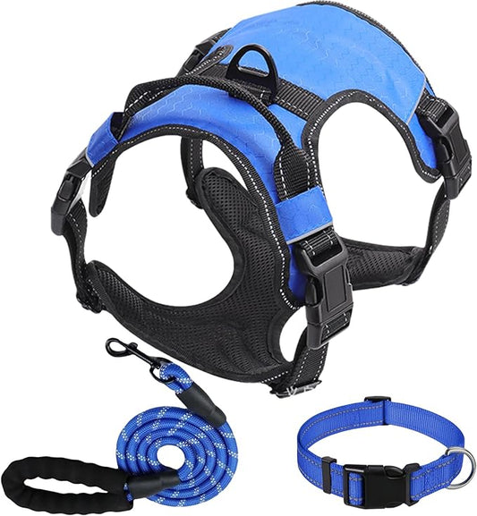 Dog Harness Set, No Pull Dog Vest Harness and 5ft Leash & Collar for Small Medium Sized Large Dog Cat,Adjustable Soft Nylon Padded Dog Vest Reflective Front Clip Vest with Easy Handle -Blue XL
