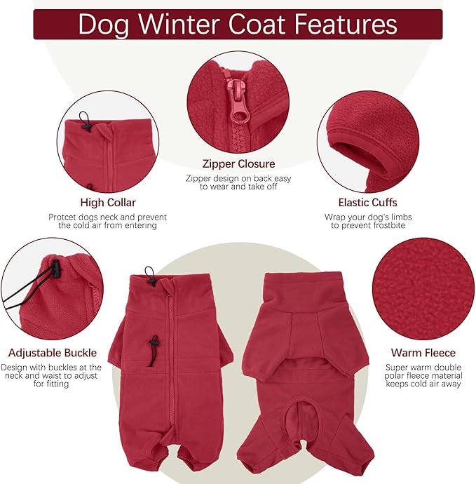 ROZKITCH Dog Pajamas Medium Size Dog, Pet Windproof Warm Cold Weather Jacket Vest Cozy Jumpsuit Apparel Outfit Clothes for Small Medium Large Dog Walking Hiking Sleep Red M