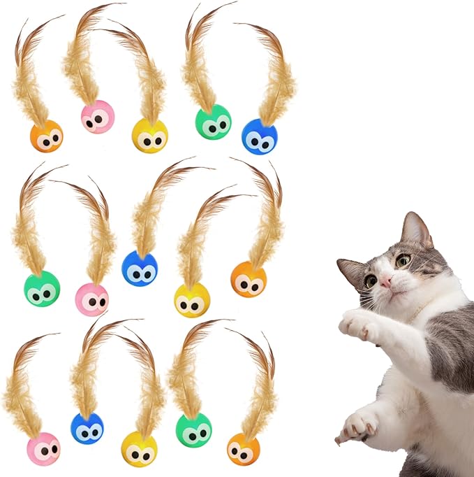 Bouncy Tails 15-Pack Cat Ball Toy with Natural Feathers, Interactive Cat Toys for Bored Indoor Adult Cats, Feather Cat Toy for Indoor Cats and Playful Kittens