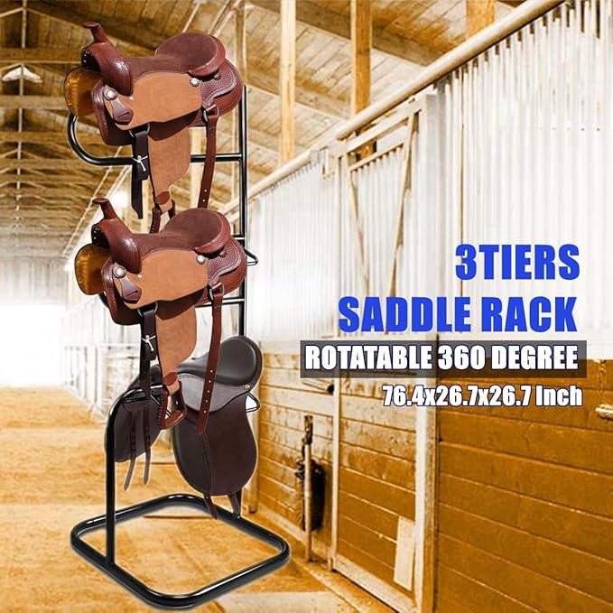 3 Tier Saddle Rack,Heavy Duty Rotatable Saddle Stand for English and Western Saddles,Horse Tack Storage for Horse Stall,Stable,Tack Room, Garage, Equestrian Shop