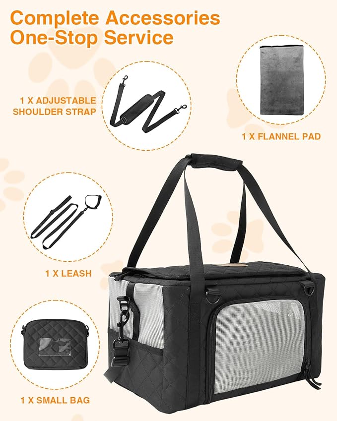 PETUX Collapsible Airline Approved Cat Carrier - 16" x 10" x 9.5", Double Anti-Escape, Small Pet Travel Bag for Small Cats Under 10 lb with Removable Snack Bag, Safety Buckle ＆ Leash - Black
