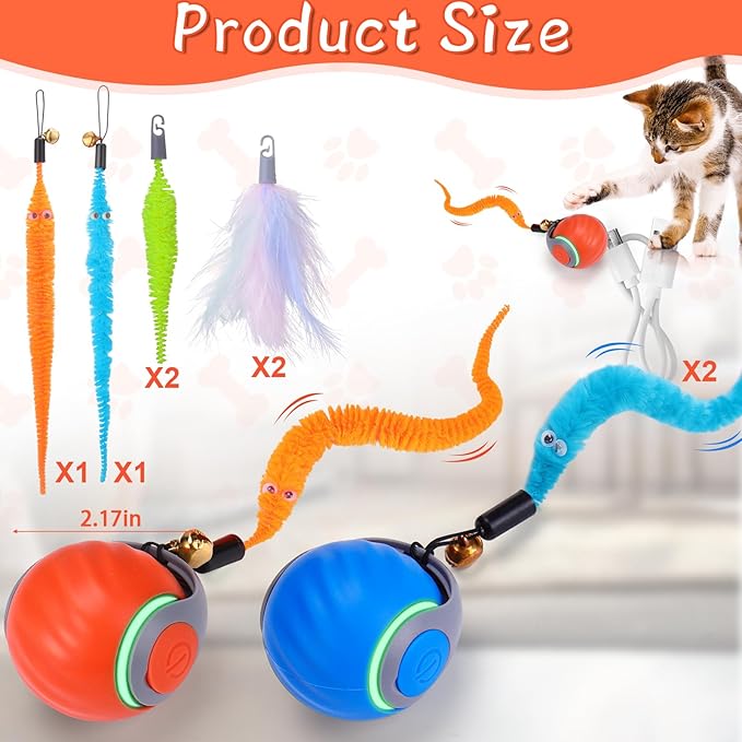 BABORUI 2Pack Interactive Cat Toy Ball - Automatic Interactive Cat Toys for Indoor Cats with 3 Tails, 2 Speeds Rechargeable Enrichment for Small/Medium/Large to Keep Them Busy