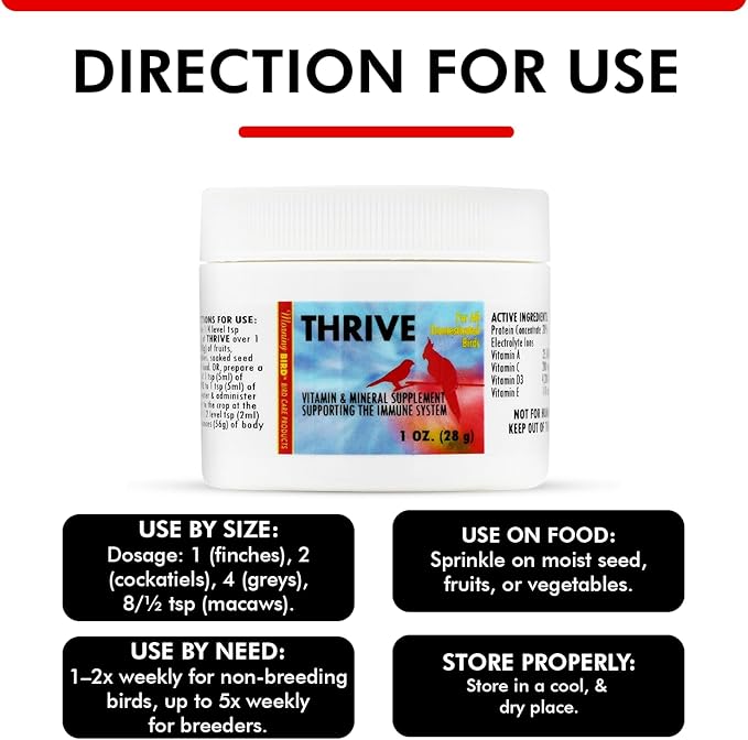 Morning Bird Thrive 1 Oz - Multi-Vitamin Bird Supplement Designed for Immune and Recovery Support - Formulated for Sick or Injured Birds - Protein Supplement and Energy Booster for All Adult Birds