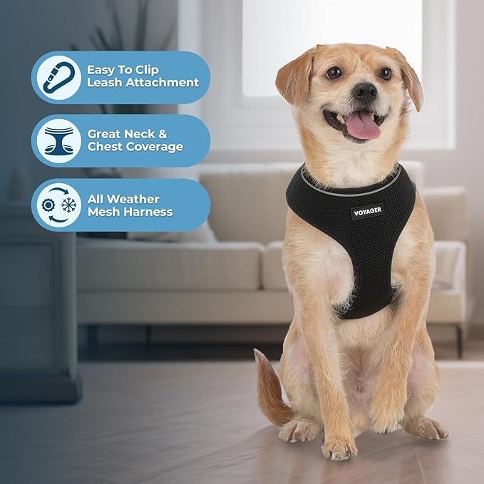 Best Pet Supplies Voyager Mesh Dog Breathable Harness Reflective Stitching, All Weather Adjustable for Walking Training, or Running - Heavy Duty & Durable, 220 Style (Black), XL