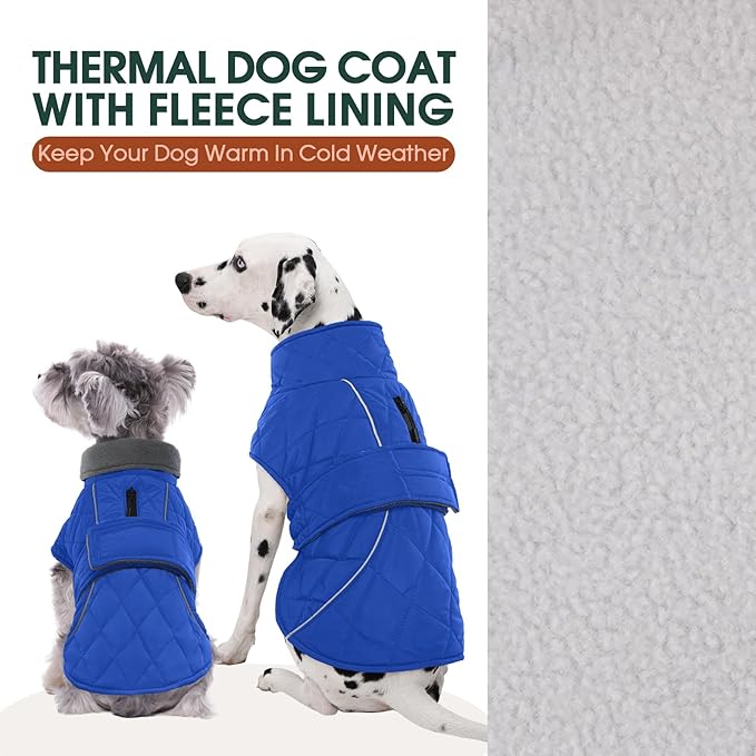Kuoser Dog Coat Thermal Fleece Lined Dog Jacket, Adjustable Hook & Loop Dogs Coats for Medium Dogs Windproof Reflective Puppy Snow Jackets Pet Cold Weather Clothes with Harness Hole, Blue, M