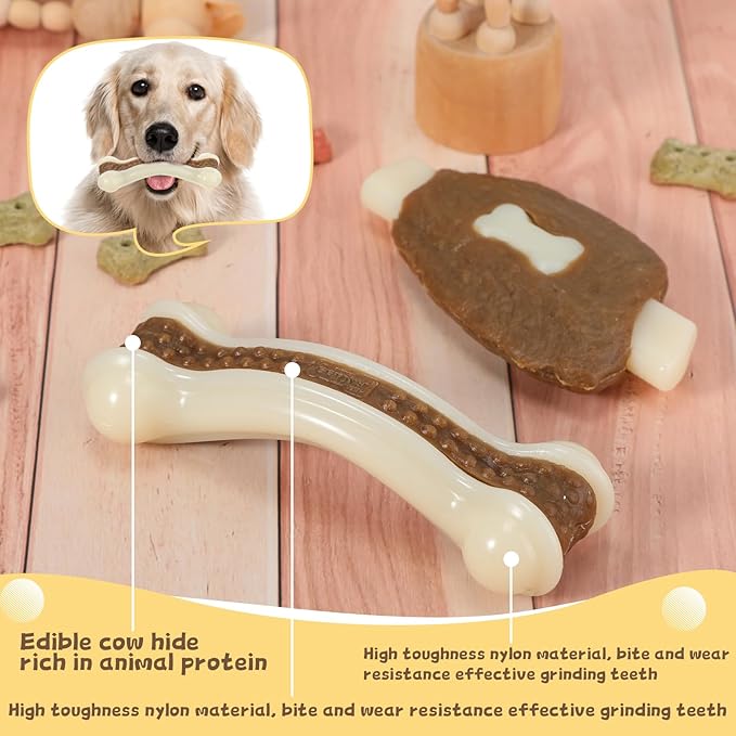 Libima 6 Pieces Chew Toys for Aggressive Chewers, Real Beef Flavor Dog Teething Chew Bones for Breed Puppies Pet Toy with Durable Nylon(Cute,Small and Medium)