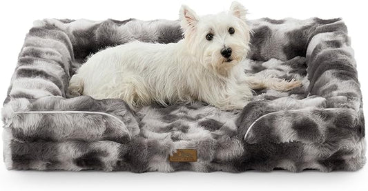 Faux Fur Orthopedic Dog Bed, Pet Couch for Large Dog, Big Supportive Foam Bolster Sofa with Waterproof Lining Cover, Anti-Slip, Soft, Warm, Washable, C-Shaped, 36x27x6.5 inch, Tie Dye Grey