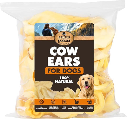 BRUTUS & BARNABY Cow Ears for Dogs – Whole Ears 12 ct, Thick Cut, Grass-Fed Angus Beef, All-Natural No-Rawhide Dog Treat Alternative