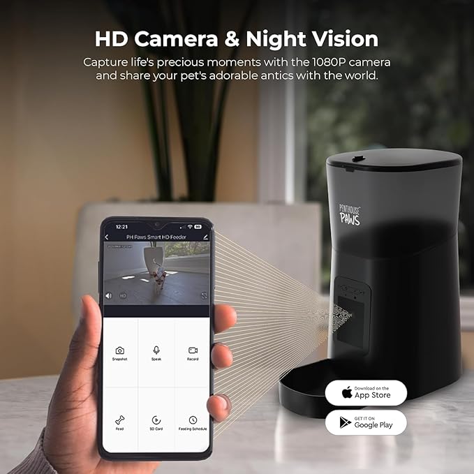 Smart HD Automatic Cat Feeder with 1080P Camera & Night Vision, 2-Way Audio, WiFi App Control, Anti-Jam 6L Pet Feeder with Battery Backup, Schedules Up to 15 Meals for Cat & Dog (Black)