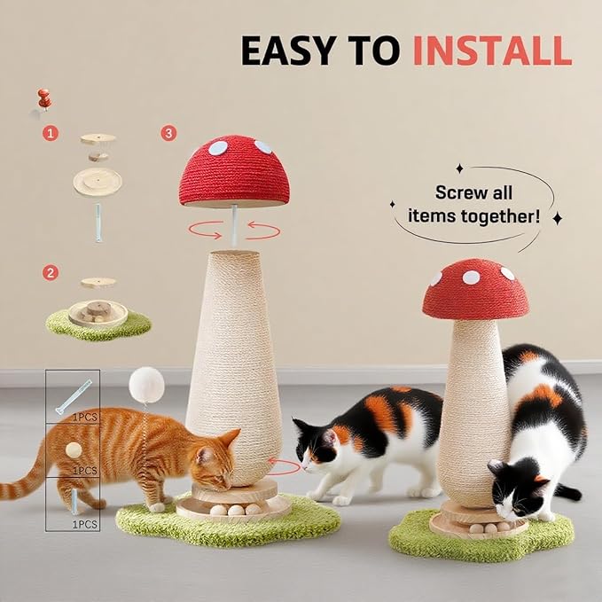 WLHYHHCute Mushroom Shaped Cat Scratching Post - Cat Toy with Ball Lane and Spring-Loaded Pom Poms - 21.25 Inch Tall Sisal Cat Scratching Post for Indoor Cats