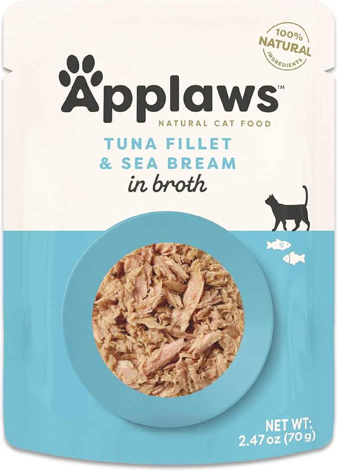 Applaws Natural Wet Cat Food in Broth, Limited Ingredient Wet Cat Food Pouches, No Additives, Made with Natural Ingredients, Tuna Fillet & Seabream in Broth (12 x 2.47oz Pouches)
