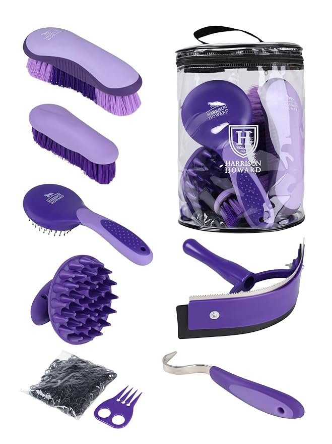 Harrison Howard 7 Pieces Horse Grooming Kit Horse Bathing Supplies Brushes for Grooming with Convenient Organizer Tote Purple