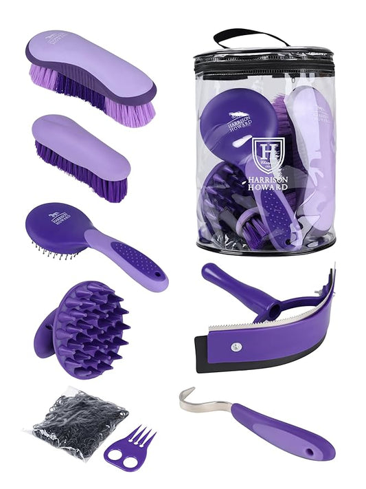 Harrison Howard 7 Pieces Horse Grooming Kit Horse Bathing Supplies Brushes for Grooming with Convenient Organizer Tote Purple
