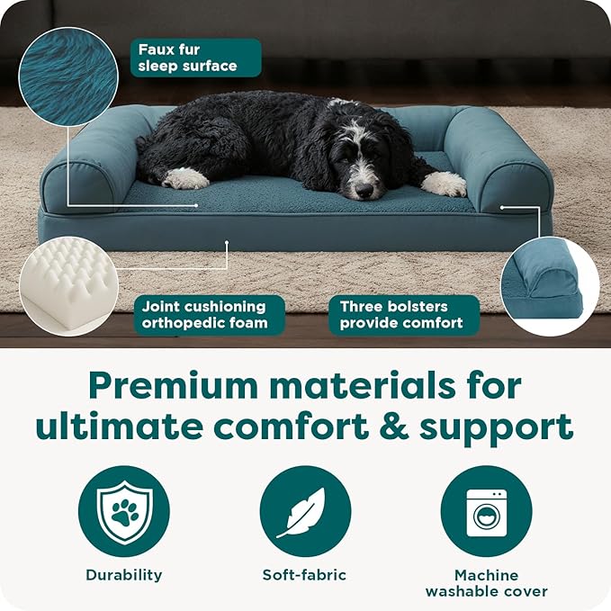 Furhaven Orthopedic Dog Bed for Large/Medium Dogs w/ Removable Bolsters & Washable Cover, For Dogs Up to 55 lbs - Plush & Suede Sofa - Deep Pool, Large
