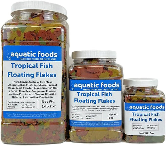 Aquatic Foods Inc. Tropical Fish Flakes, Mix of Krill, Color Enhancing, Spirulina Flakes for Cichlids, Angels, Live Bearers, Tetras, Guppies, All Tropical Fish...WL 2oz Sm Jar