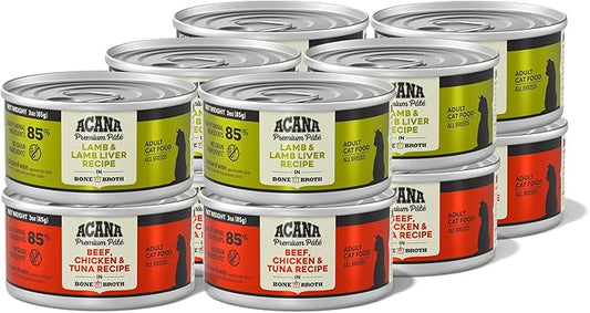 ACANA Premium Pate Wet Cat Food in Bone Broth Variety Pack: Beef Chicken & Tuna + Lamb 3oz Cans (12 Count, 6 of Each)