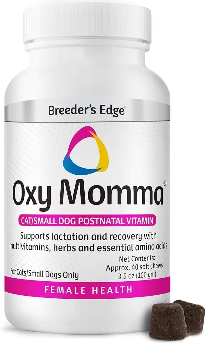 Breeder's Edge Oxy Momma Soft Chews, Postnatal Vitamin Supplement for Lactating Dogs and Cats, Supports Recovery, Hormones, and Next Pregnancy - for Small Dogs & Cats, 40ct Soft Chews